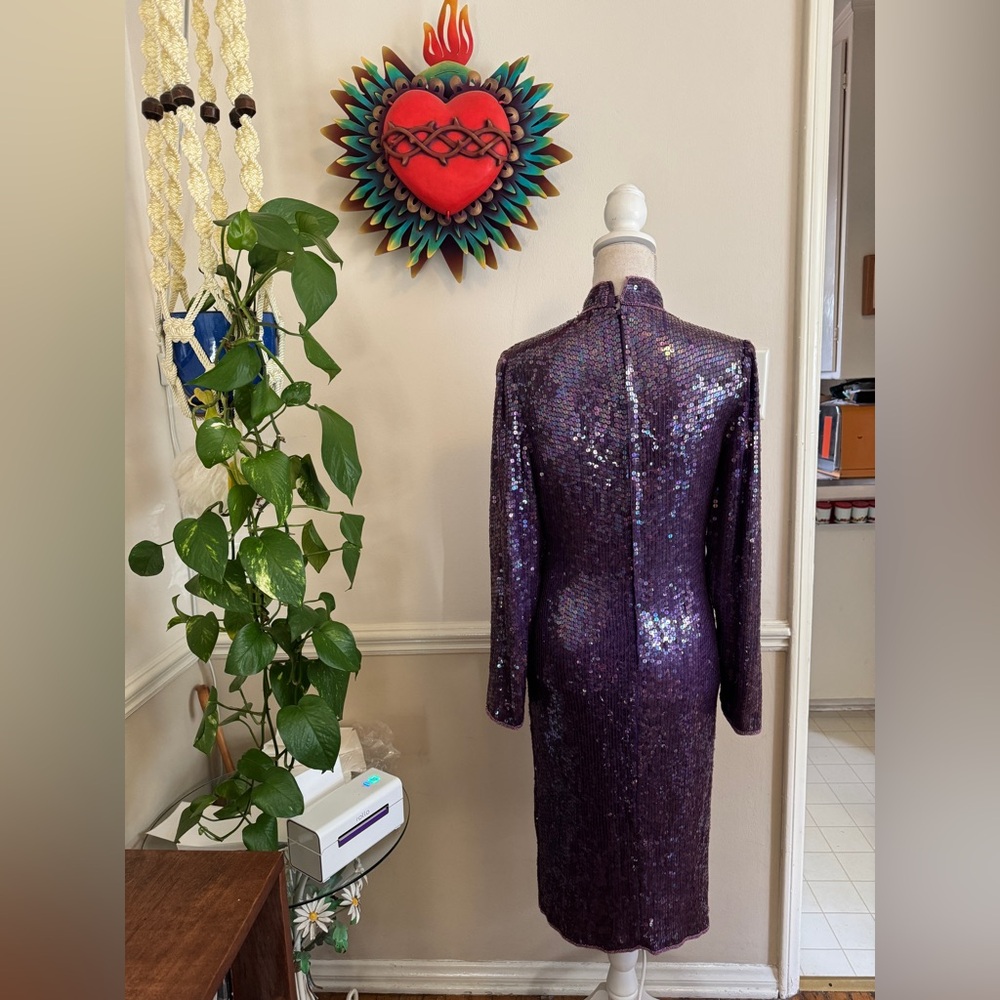 80s Vintage Purple Sequin Long Sleeve Dress - Picture 2 of 12